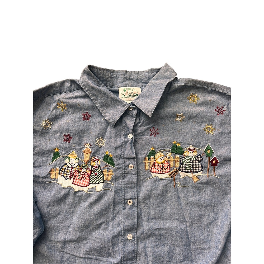 VTG The‎ Quacker Factory Womens 3X Denim Top Embroidered Snowman Grandmacore